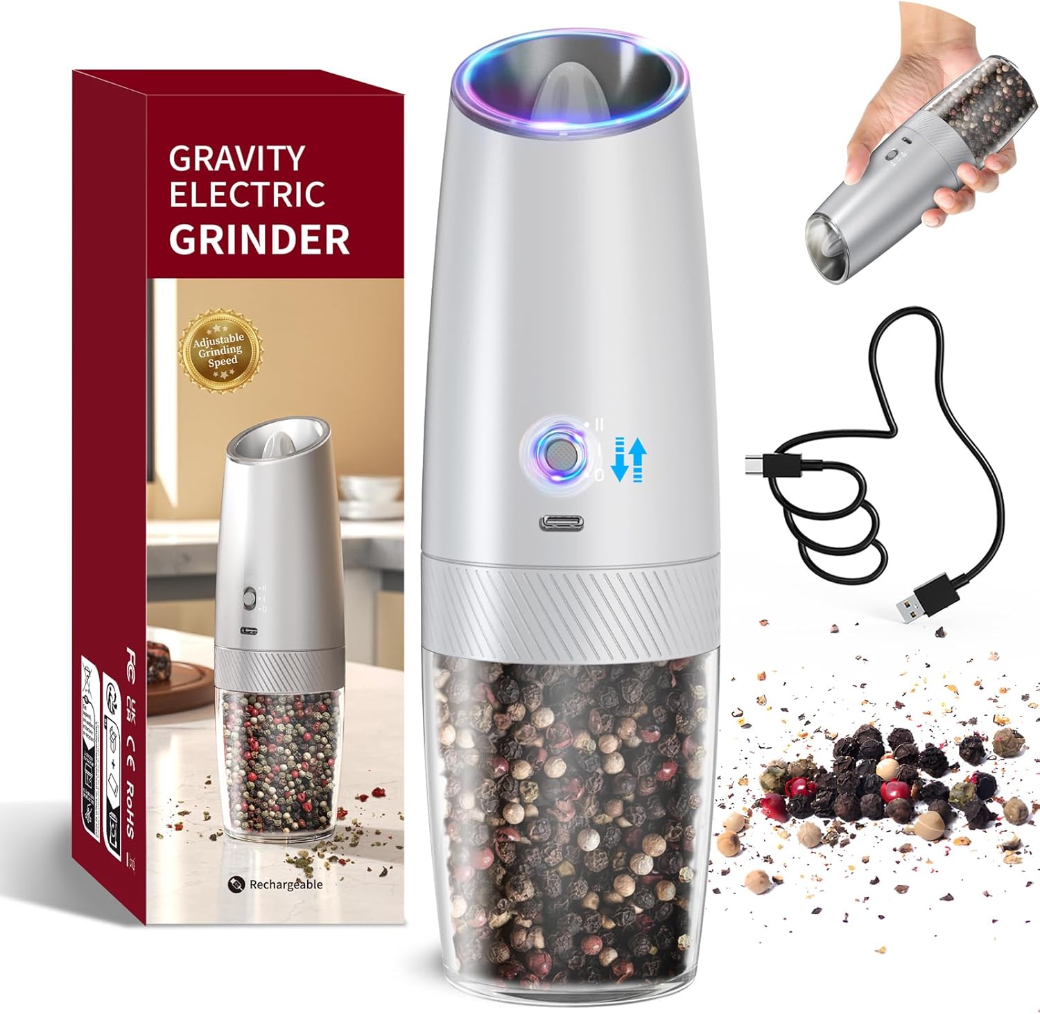 Set de Molinillos Eléctricos de Sal y Pimienta Automáticos con Luz LED, Ajuste de Grosor y Gran Capacidad – Operación por Gravedad, Cocina y BBQ